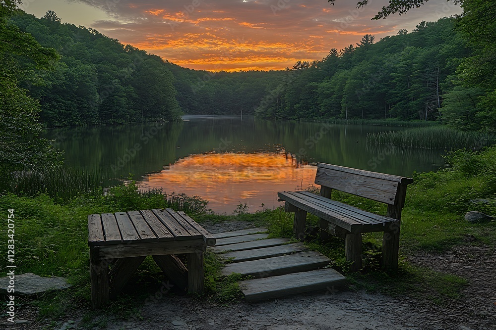 Serene lakeside sunset with wooden benches, reflecting vibrant colors in calm water, surrounded by lush trees Serene lakeside sunset with wooden benches, reflecting vibrant colors in calm water, surrounded by lush trees