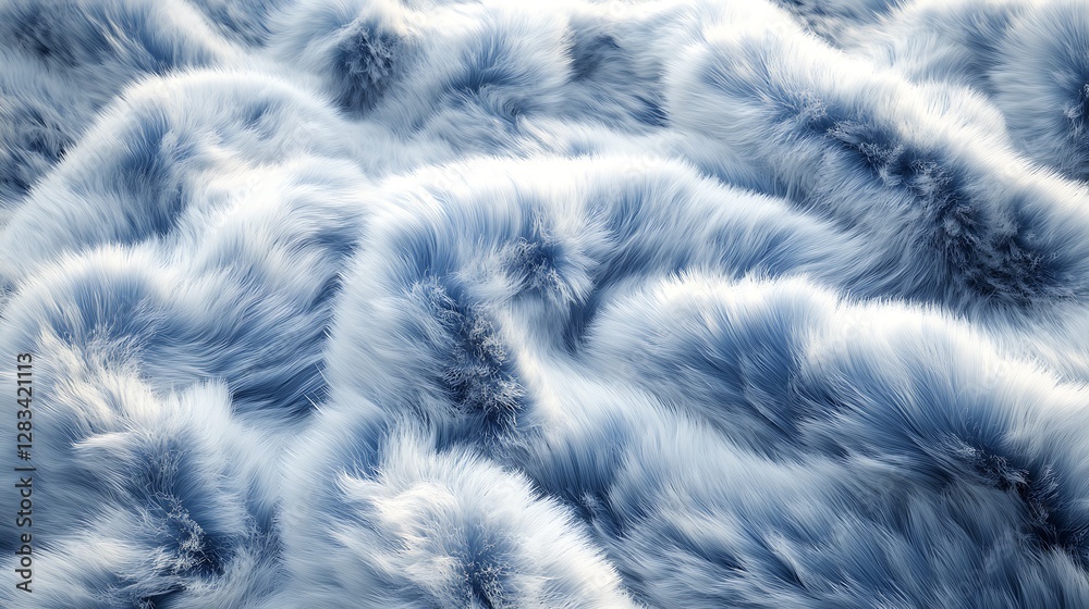 Obraz premium Plush fur with a gradient from icy blue to white, artistically arranged in swirling folds, fine strands catching the light softly, subtle frosty highlights and cool tones, photorealistic finish,