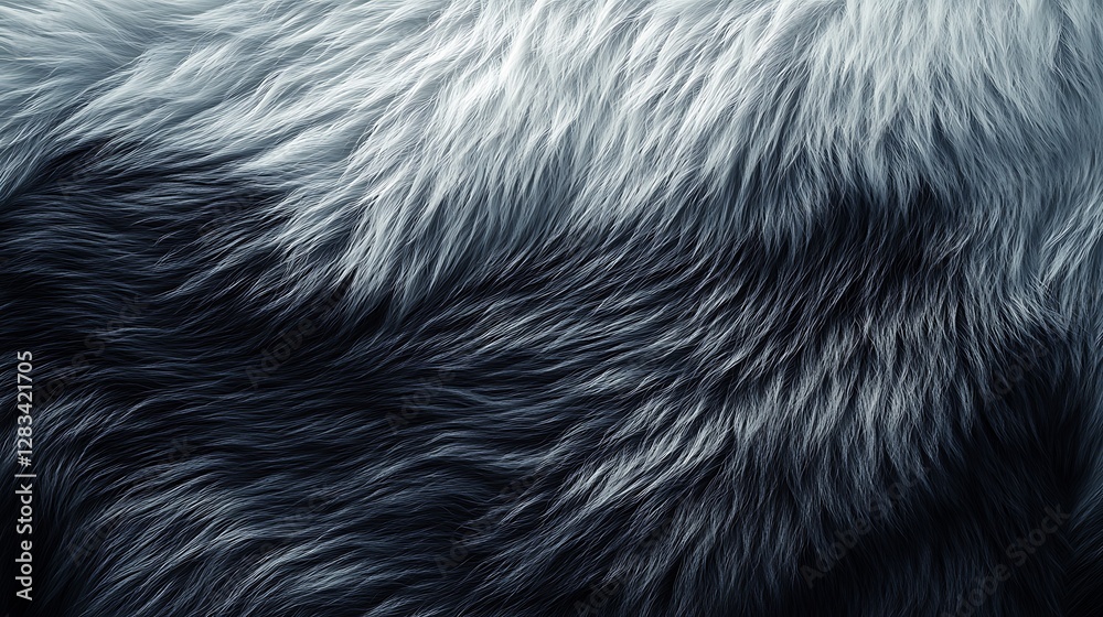 Fototapeta premium Plush fur with a monochromatic gradient from deep charcoal to pale ash gray, close-up view capturing sharp details of individual strands, silky textures arranged artistically,