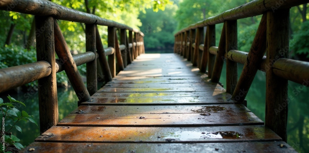 Obraz premium Distressed Wooden Bridge with Water Ripple Effect, horizontal texture, foggy atmosphere, wooden bridge