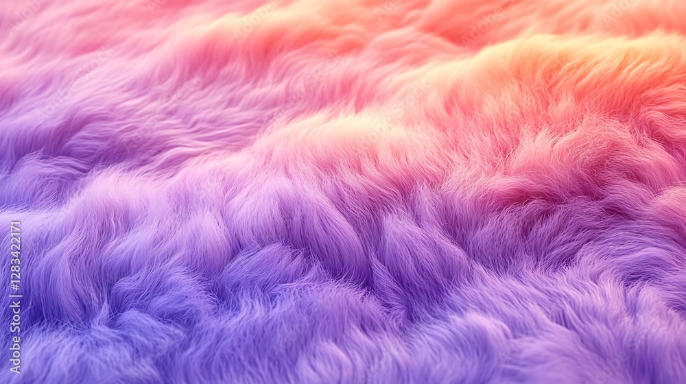 Fototapeta premium Plush fur with an ombre gradient from lavender to soft peach, visible intricate hair strands, arranged in smooth organic folds, glowing highlights enhancing the transition,