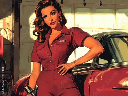 A vintage pin-up style illustration of a stylish woman in a mechanic's jumpsuit