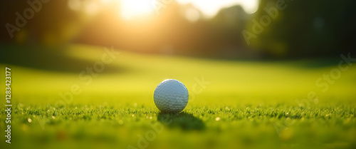 A golf ball lies on the lawn against the backdrop of sun rays.