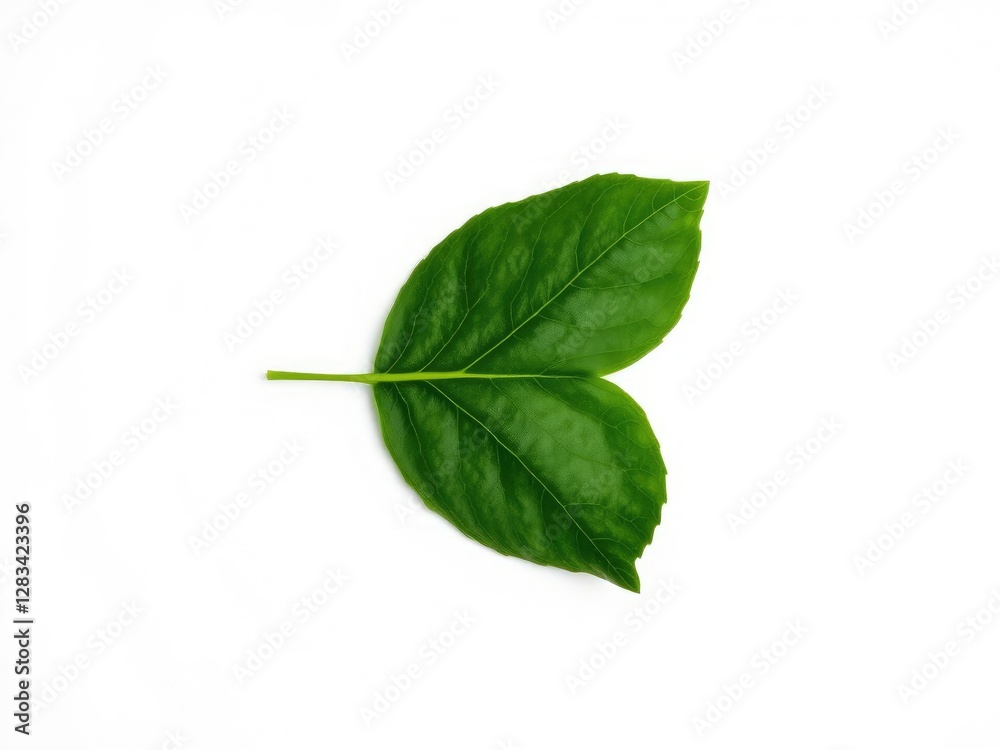 Obraz premium A solitary watermelon leaf on a pure white surface, emphasizing its vibrant green color and delicate shape, leaf, isolated, still life