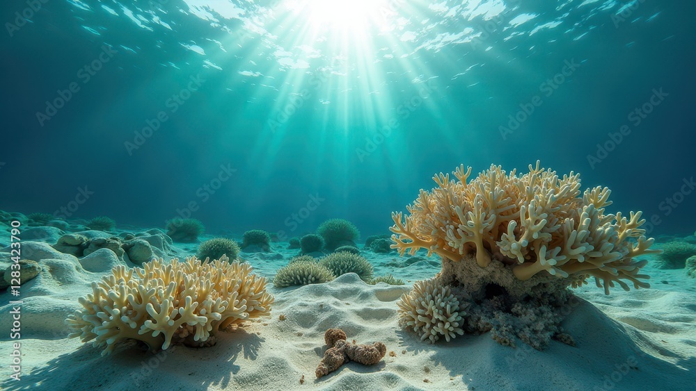 Fototapeta premium Underwater view of bleached coral formations on the ocean floor with sunlight filtering through water 