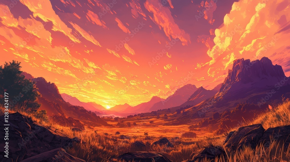 A tranquil sunset over a mountain range, the sky painted with vibrant oranges and pinks, casting a golden glow across the valley below. A tranquil sunset over a mountain range, the sky painted with vibrant oranges and pinks, casting a golden glow across the valley below.