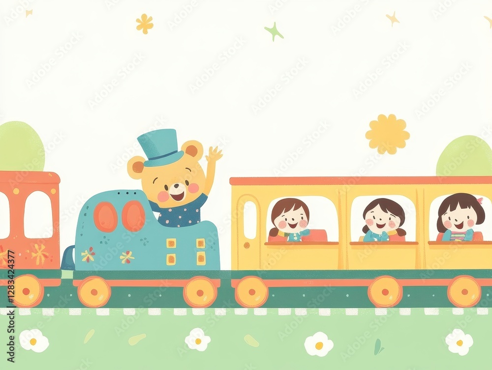 Naklejka premium Cheerful Children Ride Pastel Train with Friendly Bear Conductor