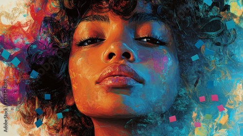 Vibrant Portrait of a Woman with Curly Hair and Colorful Background