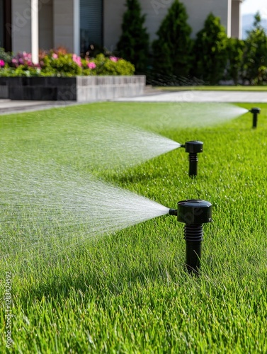 Lawn irrigation system in residential garden watering grass landscape bright day close-up view maintenance tips