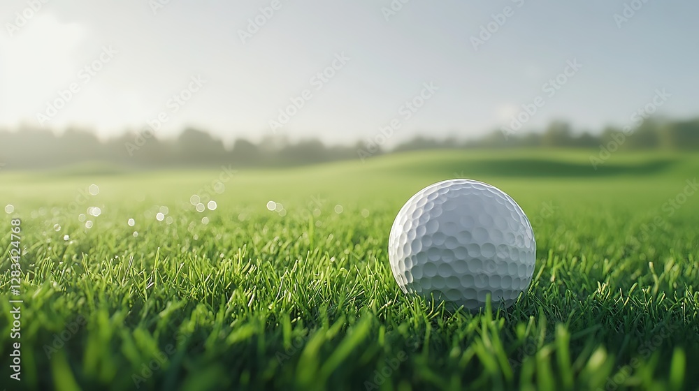 Golf ball resting on lush green grass, symbolizing focus and precision in a serene setting Golf ball resting on lush green grass, symbolizing focus and precision in a serene setting