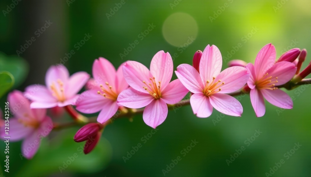 Delicate pink Erinus alpinus flowers blooming in a horizontal row, petals, blooms Delicate pink Erinus alpinus flowers blooming in a horizontal row, petals, blooms
