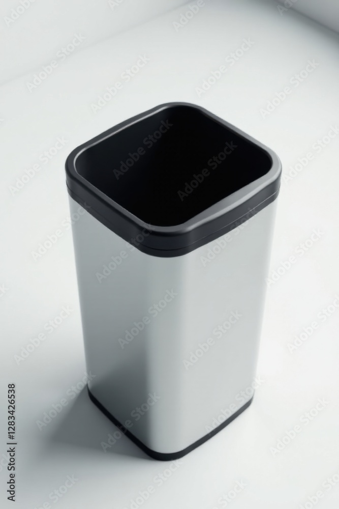 A modern, square-shaped waste receptacle with a sleek, light gray body and a contrasting dark gray rim, perfect for contemporary interiors A modern, square-shaped waste receptacle with a sleek, light gray body and a contrasting dark gray rim, perfect for contemporary interiors