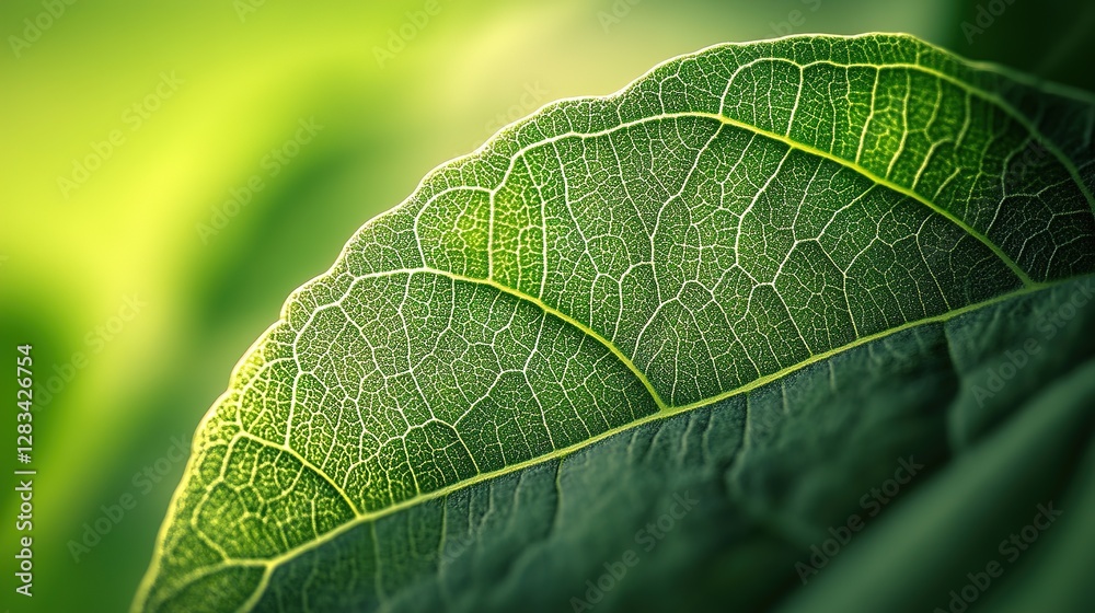 Fototapeta premium Extreme close-up of green leaf veins, intricate texture, natural sunlight