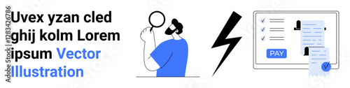 Man examining content, lightning bolt for energy, document screen with payment button. Ideal for finance, digital transactions, research, data analysis, technology energy online processes. Abstract