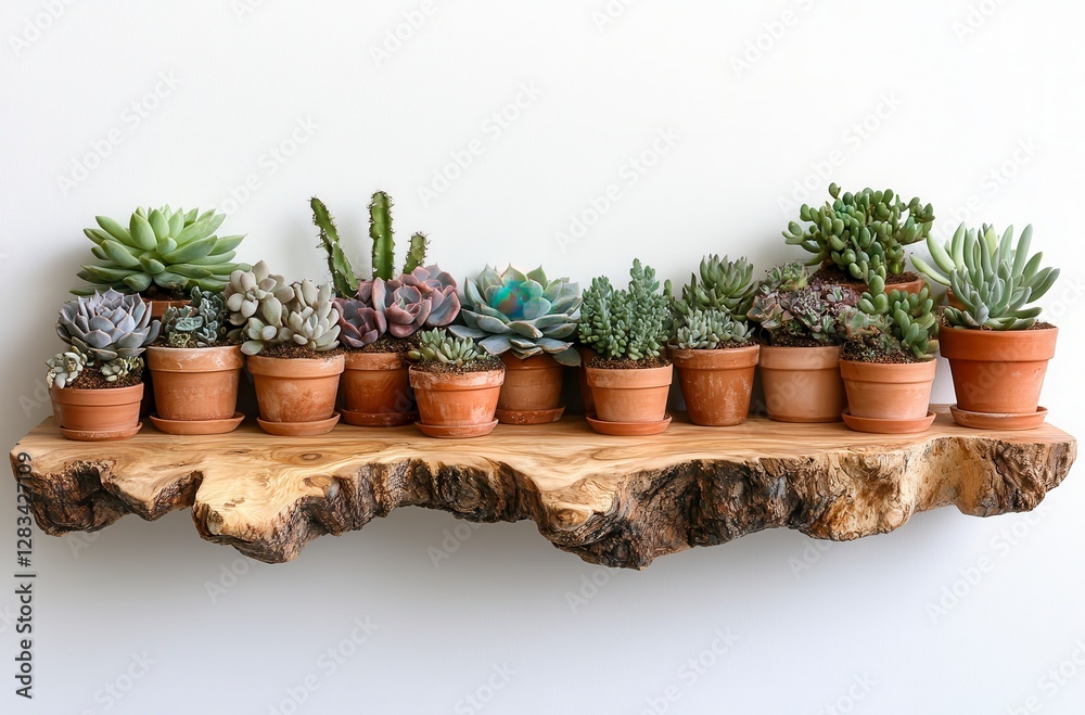 Fototapeta premium Diverse Succulent Arrangement in Clay Pots on a Natural Wood Shelf Against a White Wall