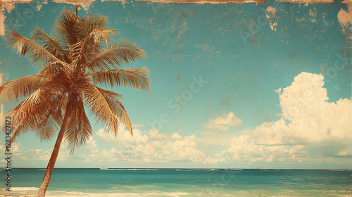 A classic vintage travel poster with a faded paper texture depicting a calm sea and a palm tree. Nostalgic tones evoke associations with timeless adventures. Generative AI