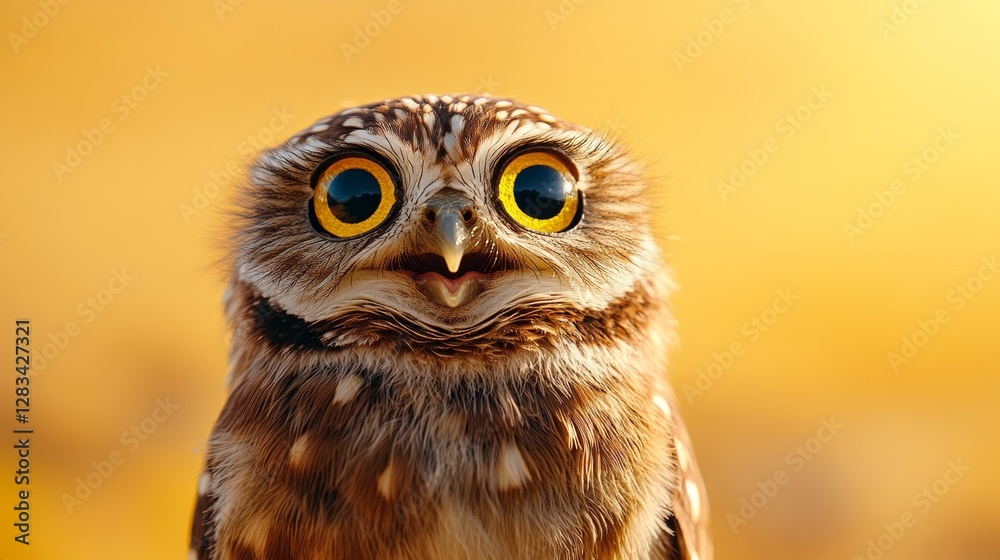 Fototapeta premium Small owl with yellow eyes and a yellow beak is looking at the camera. The owl has a smile on its face and he is happy
