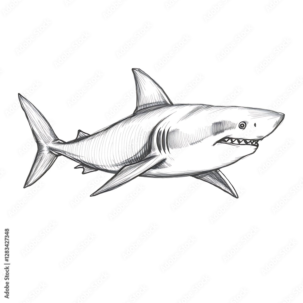 Striking Black and White Hand-Drawn Sketch of a Powerful Shark in Motion – Detailed Line Art Illustration Striking Black and White Hand-Drawn Sketch of a Powerful Shark in Motion – Detailed Line Art Illustration
