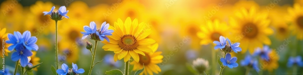 Blue forget me nots in full bloom against a warm sunny background, sunflower, flower field, yellow flowers Blue forget me nots in full bloom against a warm sunny background, sunflower, flower field, yellow flowers