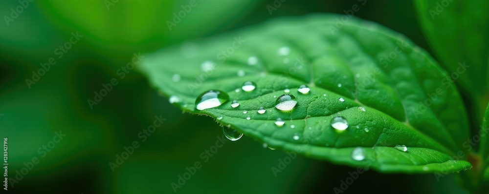 Water droplets clinging to the veins of a leaf, natural world, raindrops on leaves Water droplets clinging to the veins of a leaf, natural world, raindrops on leaves