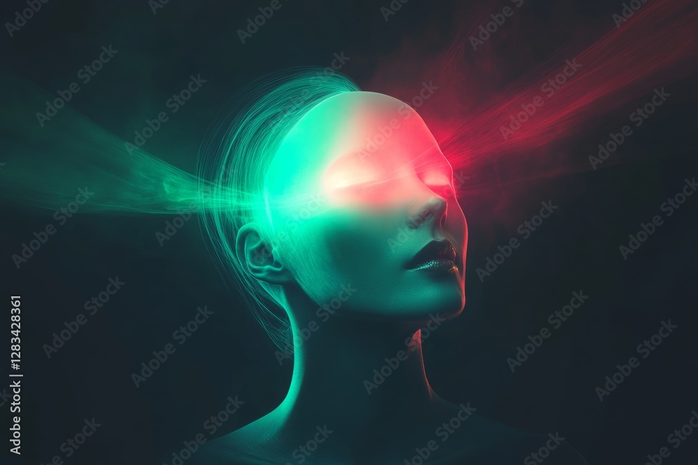 Obraz premium Woman's face is illuminated by a green and red light. Concept of mystery and intrigue, as the woman's eyes seem to be glowing with an otherworldly light. The use of contrasting colors