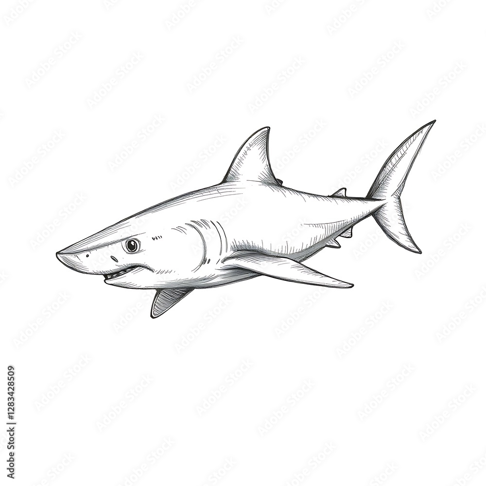 Fototapeta premium Striking Black and White Hand-Drawn Sketch of a Powerful Shark in Motion – Detailed Line Art Illustration