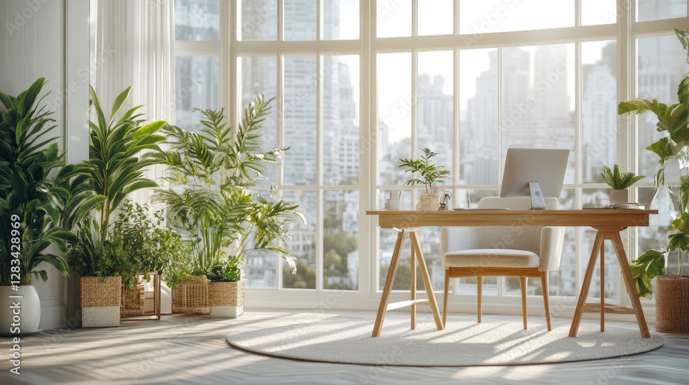 Obraz premium Bright Home Office Sanctuary with City View and Lush Greenery for focus