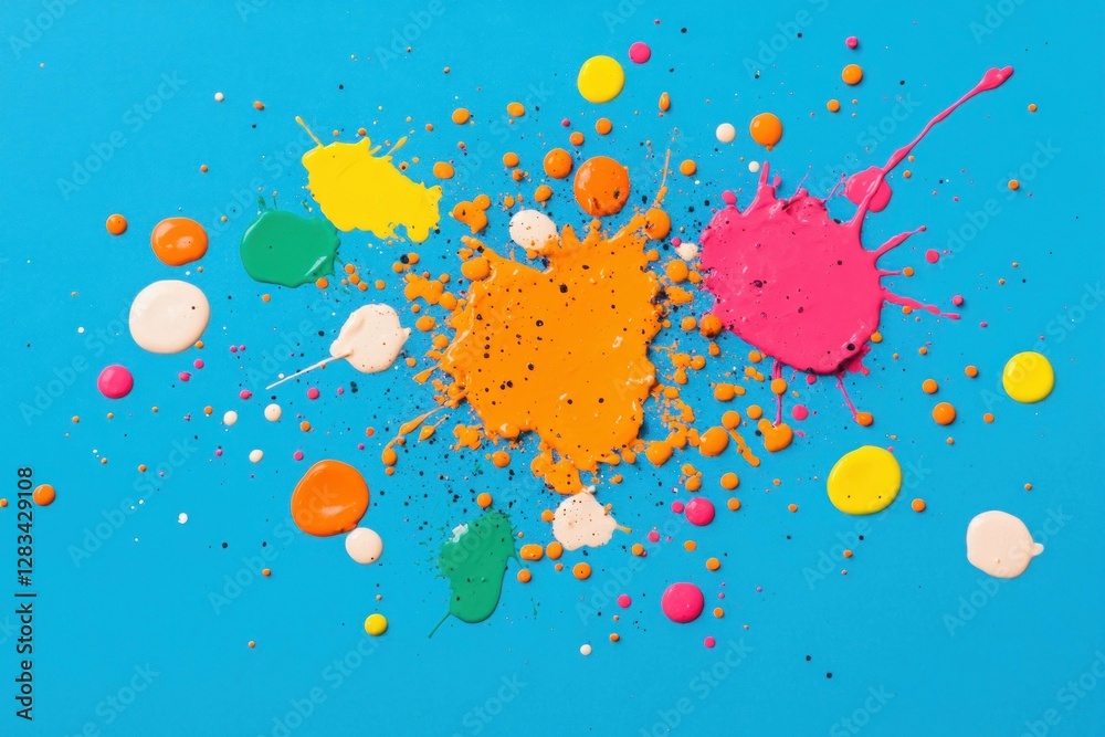Vibrant abstract paint splashes on a turquoise background create a lively artistic composition, perfect for creativity and design projects Vibrant abstract paint splashes on a turquoise background create a lively artistic composition, perfect for creativity and design projects