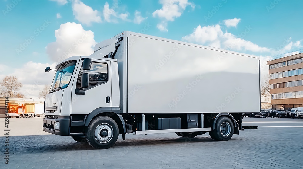 White refrigerated truck parked urban location White refrigerated truck parked urban location