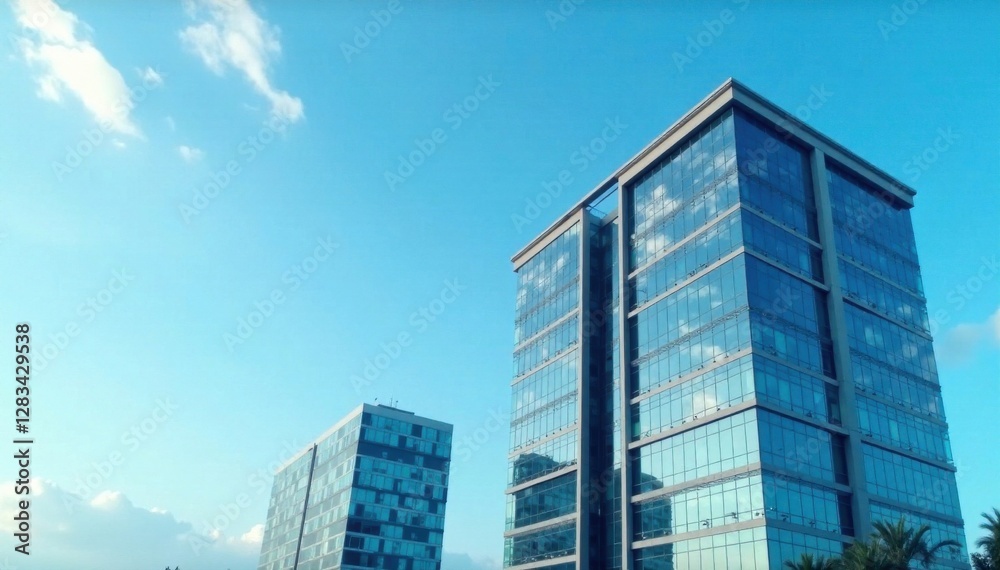 Modern office building situated in front of a serene blue sky with some subtle wisps of cloud, sleek design, modern architecture Modern office building situated in front of a serene blue sky with some subtle wisps of cloud, sleek design, modern architecture