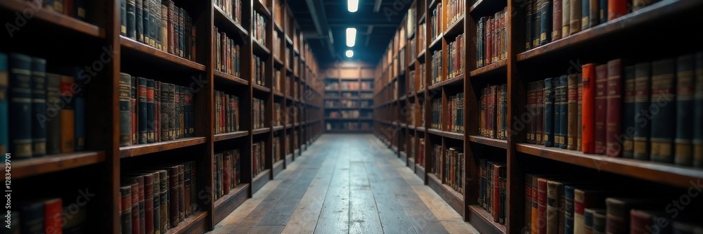 Fototapeta premium Mysterious library shelves lined with dark wood planks, study, books