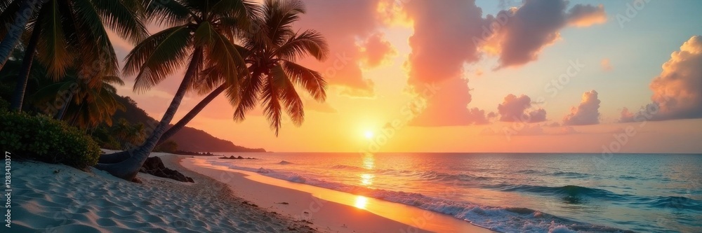 Palm trees sway gently on a tranquil sandy beach at sunset, peaceful, warm light Palm trees sway gently on a tranquil sandy beach at sunset, peaceful, warm light