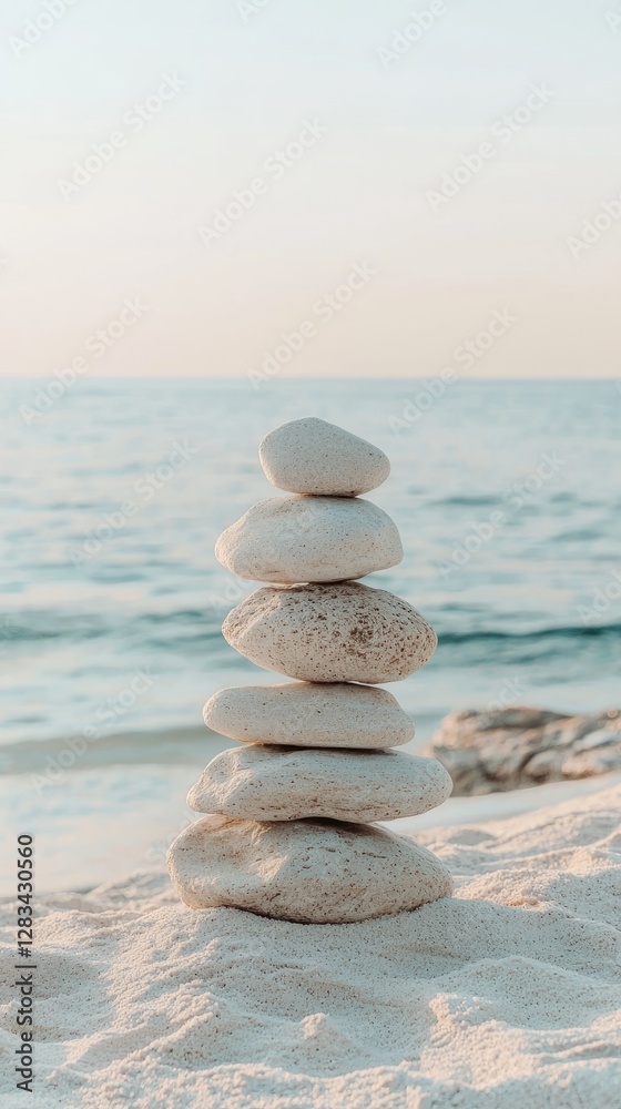 Fototapeta premium Balancing tranquility on the seashore with a serene stack of white stones at sunset