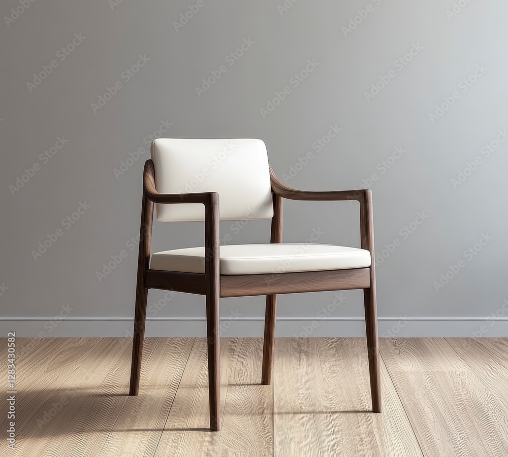 Modern White Cushioned Chair with Dark Wood Frame on Light Wood Floor Modern White Cushioned Chair with Dark Wood Frame on Light Wood Floor