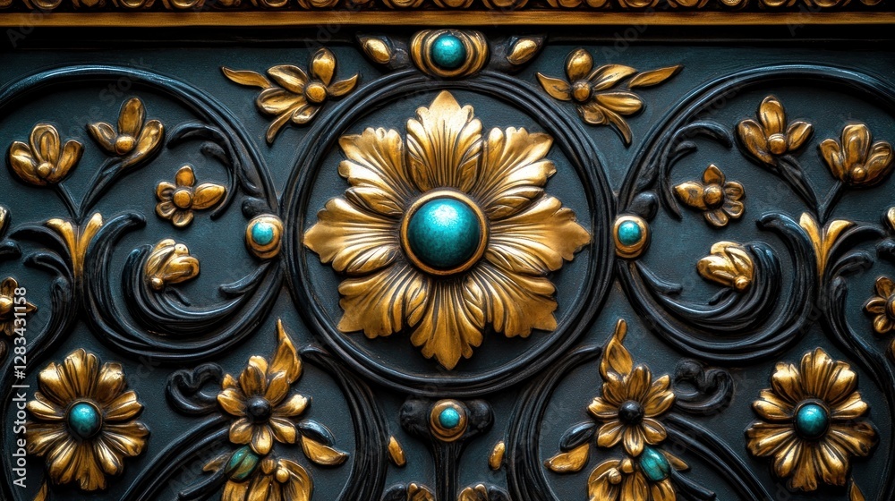 Obraz premium Ornate gold and teal floral panel detail