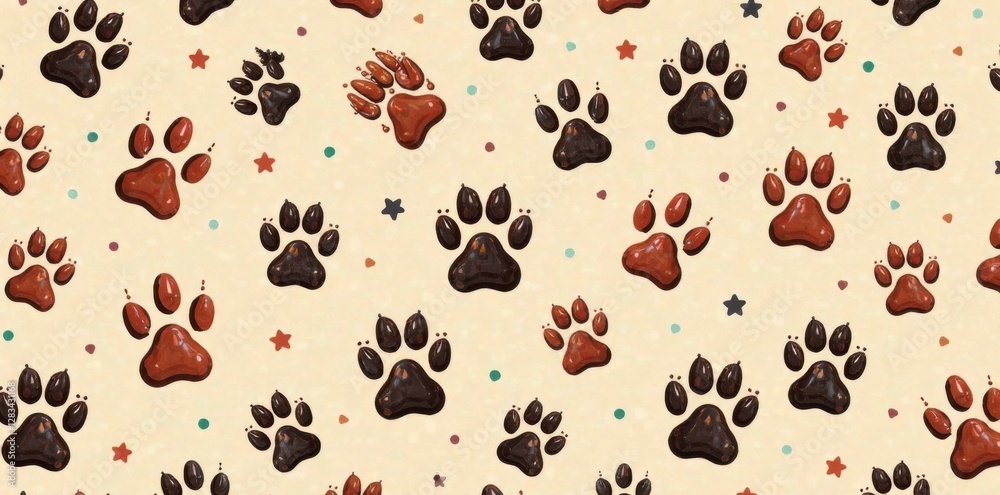 Fototapeta premium Dog Paw Doodle Seamless Pattern Isolated Wallpaper Background, vector, doodle, pattern