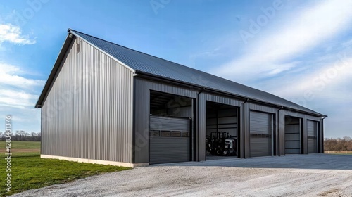 Wallpaper Mural Modern Agricultural Barn: A sleek, modern agricultural barn with a metallic facade, and multiple garage-style doors stands prominently under a vast, clear sky. Torontodigital.ca