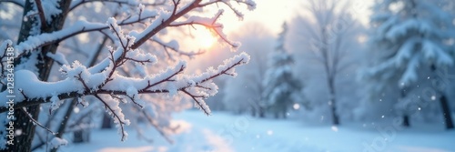 Frozen tree branches with snow accumulation in winter, cold, branches photo