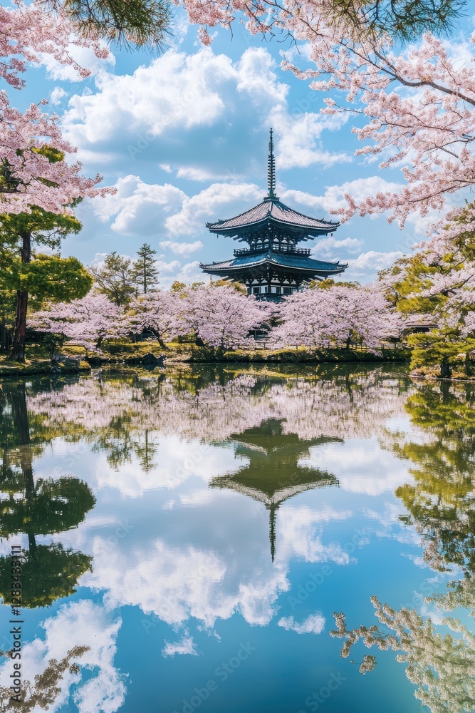 Japanese temple surrounded by cherry blossom trees reflecting on calm water with blue sky and fluffy clouds in stunning spring scenery nature landscape. Japanese temple surrounded by cherry blossom trees reflecting on calm water with blue sky and fluffy clouds in stunning spring scenery nature landscape.
