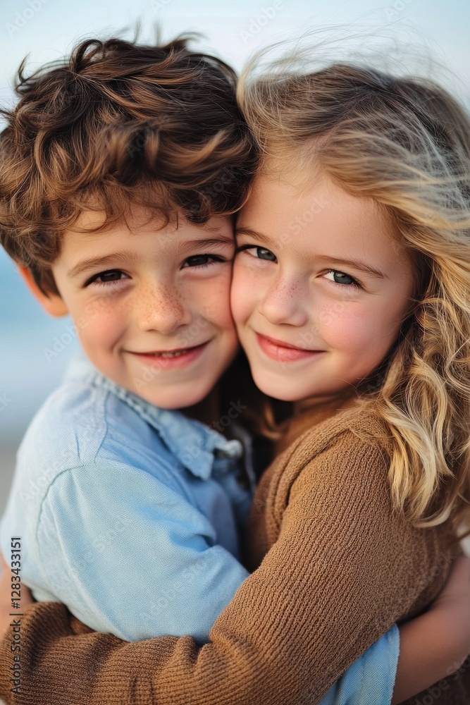Kids embracing outdoors smiling together in a natural setting, childhood friendship joy connection playful carefree innocence happiness siblings love. Kids embracing outdoors smiling together in a natural setting, childhood friendship joy connection playful carefree innocence happiness siblings love.