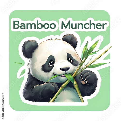 Cute Panda Bear Bamboo Muncher Cartoon Sticker - Adorable Animal Wildlife Illustration of Panda Eating Bamboo for Kids and Nature Lovers photo