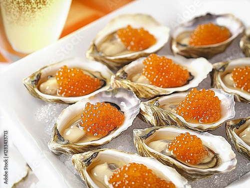 Freschissime e deliziose ostriche con uova di caviale rosso