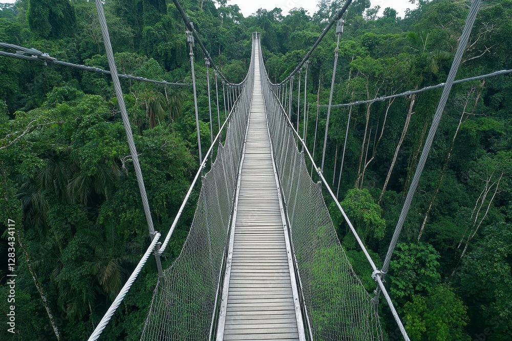 Obraz premium Rustic Wooden Suspension Bridge Across Lush Rainforest Canopy