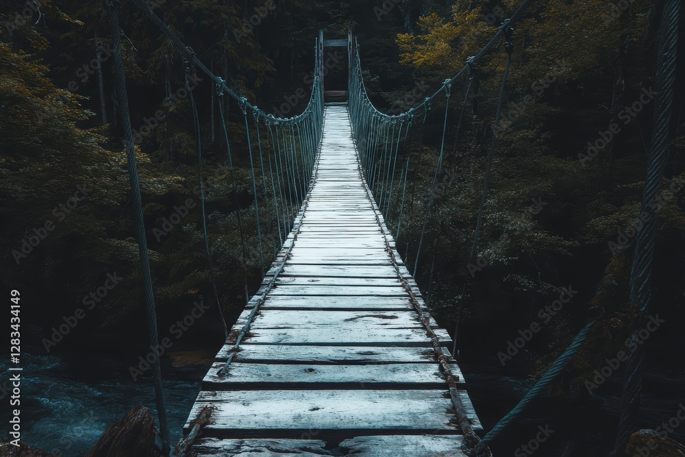 Fototapeta premium Rustic Wooden Suspension Bridge Over Dark Lush Forest