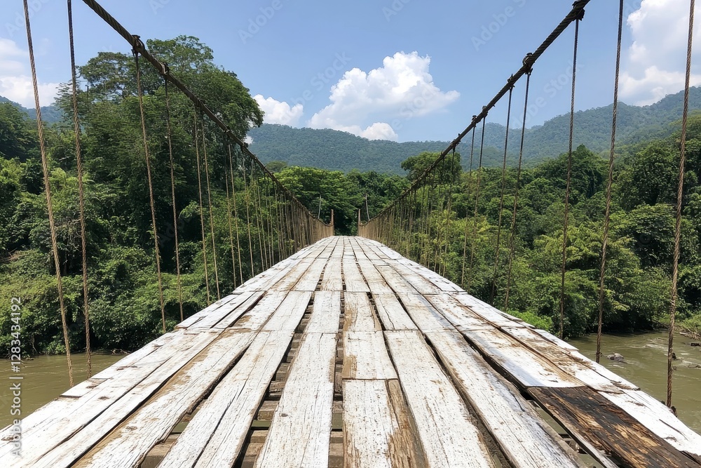 Fototapeta premium Rustic Wooden Suspension Bridge Over Lush River Valley