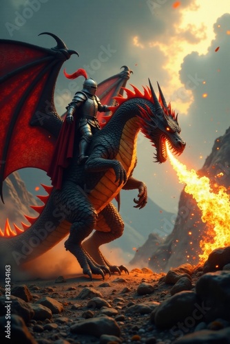 Dragon breathing fire as knight leaps onto its back, flames, medieval, knight