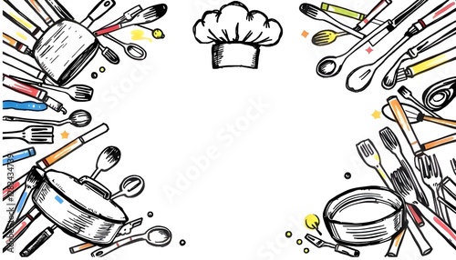 Bold Crayon Line Illustration of Kitchen Chef Equipment utensils - Restaurant flyers, posters, menu background

