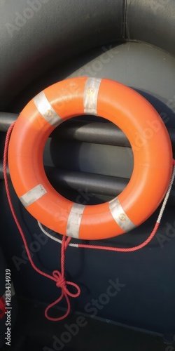 A bright orange life buoy attached to the railing of a raft rescue item, raft, precaution, floatation
