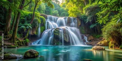 waterfall cascading gracefully in the midst of a lush forest, serene, flowing water,  serene, flowing water