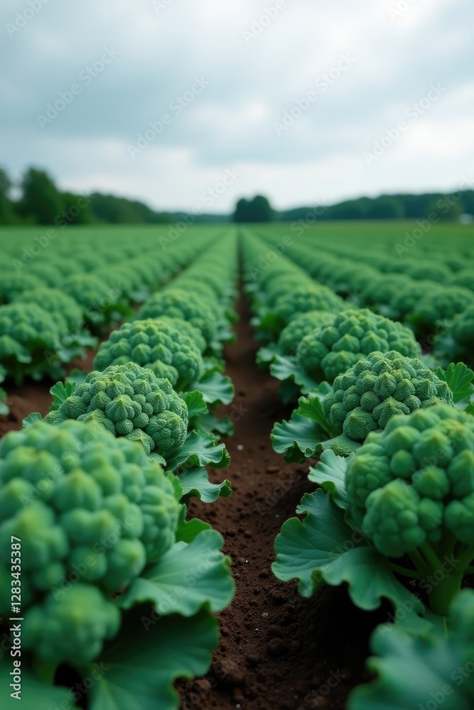 Row upon row of Romanesco broccoli plants under grey sky, crops, grey skies Row upon row of Romanesco broccoli plants under grey sky, crops, grey skies